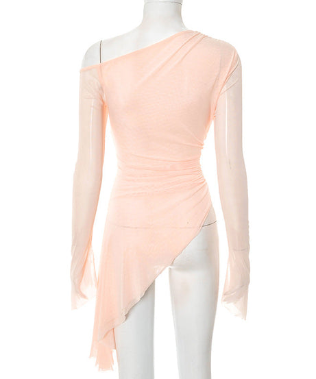 Blush Allure One-Shoulder Mesh Top | Asymmetrical Chic for Fall Evenings