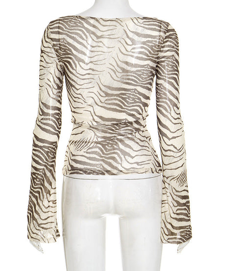 Untamed Chic! Women's Sheer Zebra Print Mesh Long Sleeve Top - Fall 2025 Fashion Essential