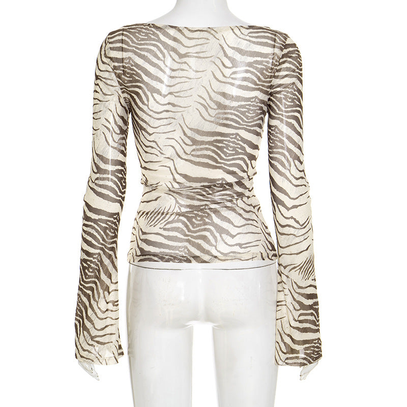 Untamed Chic! Women's Sheer Zebra Print Mesh Long Sleeve Top - Fall 2025 Fashion Essential