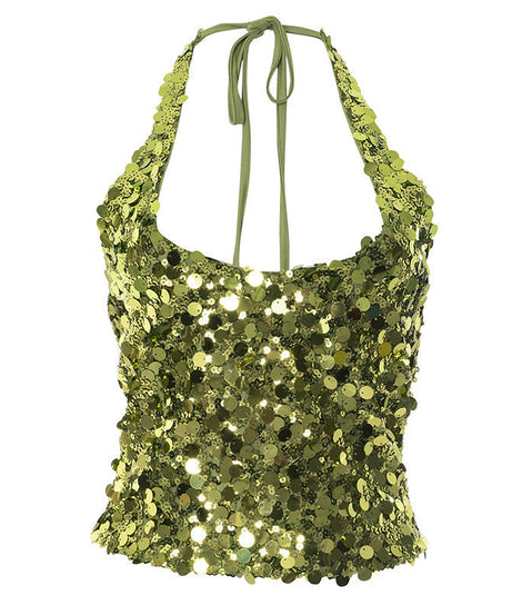 Radiant Gold-Green Sequin Halter Top - Your Go-To for Holiday Parties & NYE