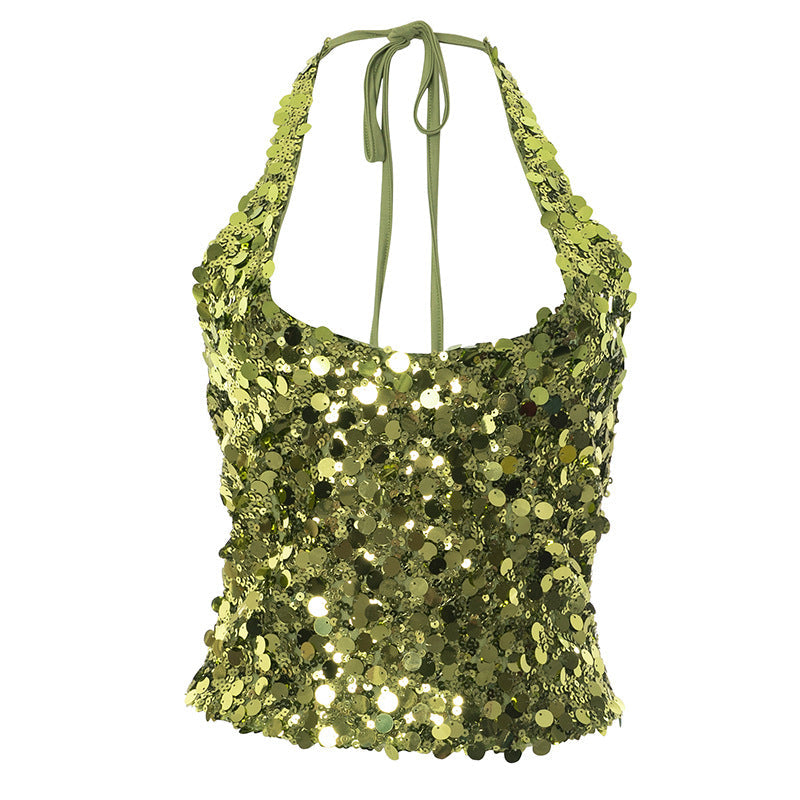 Radiant Gold-Green Sequin Halter Top - Your Go-To for Holiday Parties & NYE