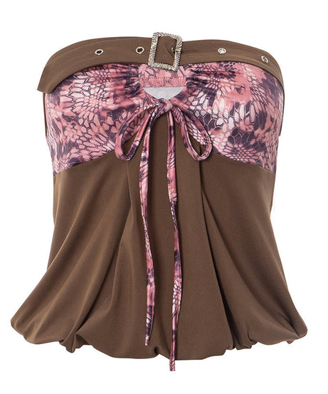 Chic Fall Tube Top: Abstract Print & Buckle Tie-Front Strapless for Y2K Style