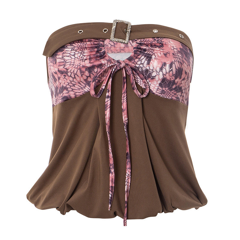 Chic Fall Tube Top: Abstract Print & Buckle Tie-Front Strapless for Y2K Style