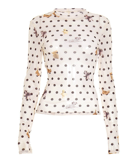 Autumn Whimsy: Adorable Critter & Polka Dot Mesh Long Sleeve Top