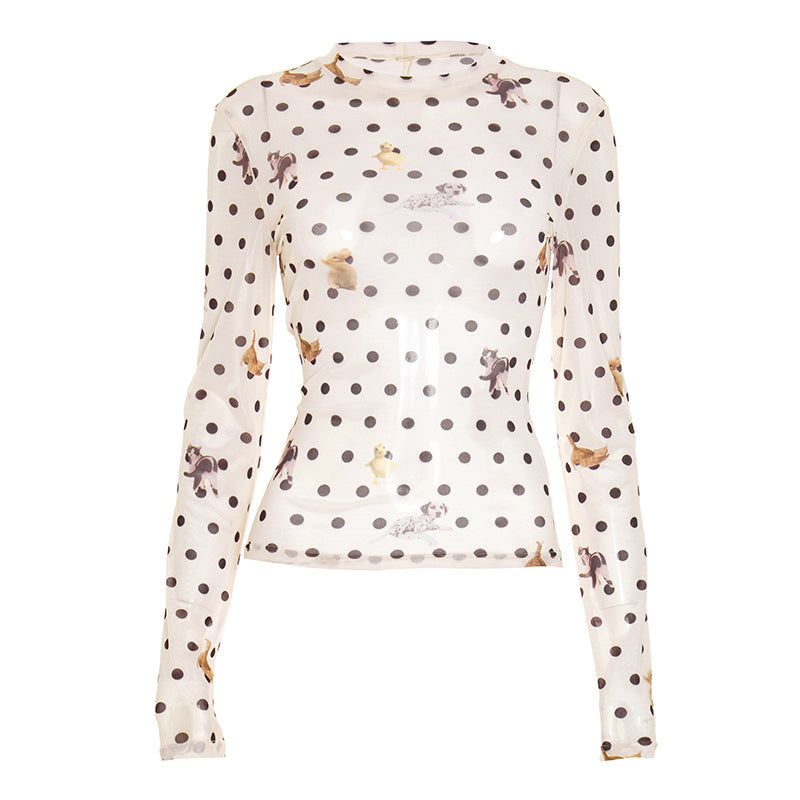 Autumn Whimsy: Adorable Critter & Polka Dot Mesh Long Sleeve Top