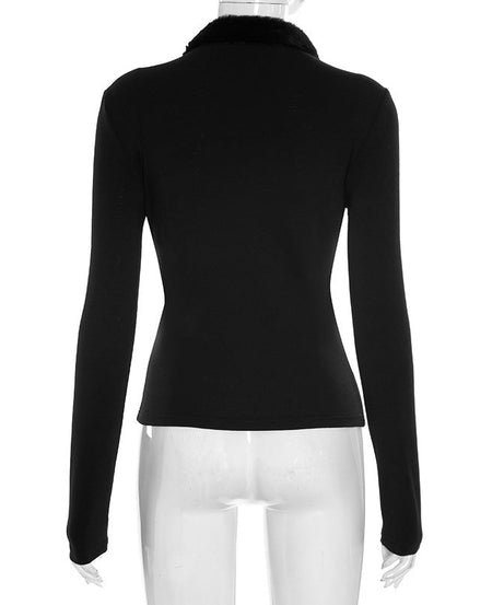 Glam Black Faux Fur Trim Long Sleeve Top - Chic Tie-Front Fall & Holiday Style