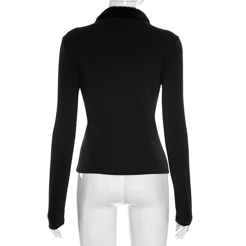 Glam Black Faux Fur Trim Long Sleeve Top - Chic Tie-Front Fall & Holiday Style