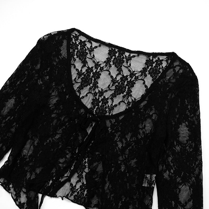 Gothic Romance Sheer Lace Tie-Front Top – Your Must-Have for Fall & Halloween Nights
