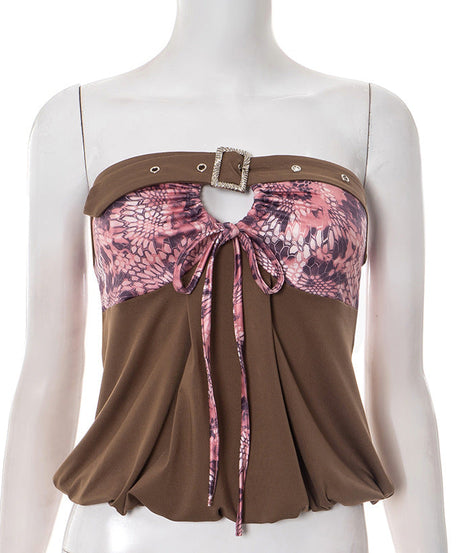 Chic Fall Tube Top: Abstract Print & Buckle Tie-Front Strapless for Y2K Style