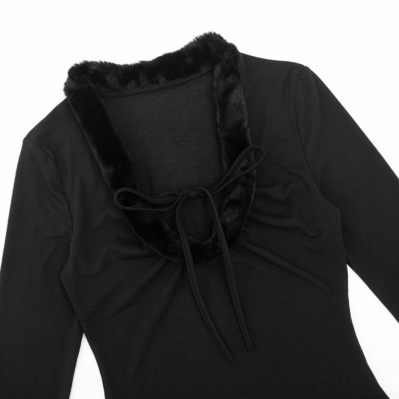 Glam Black Faux Fur Trim Long Sleeve Top - Chic Tie-Front Fall & Holiday Style