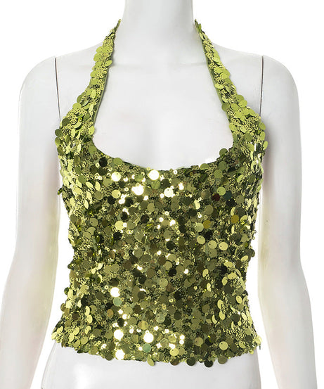 Radiant Gold-Green Sequin Halter Top - Your Go-To for Holiday Parties & NYE