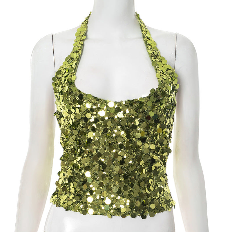 Radiant Gold-Green Sequin Halter Top - Your Go-To for Holiday Parties & NYE