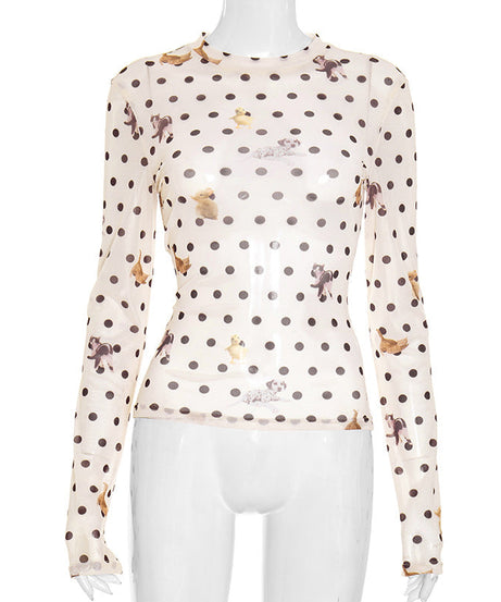 Autumn Whimsy: Adorable Critter & Polka Dot Mesh Long Sleeve Top