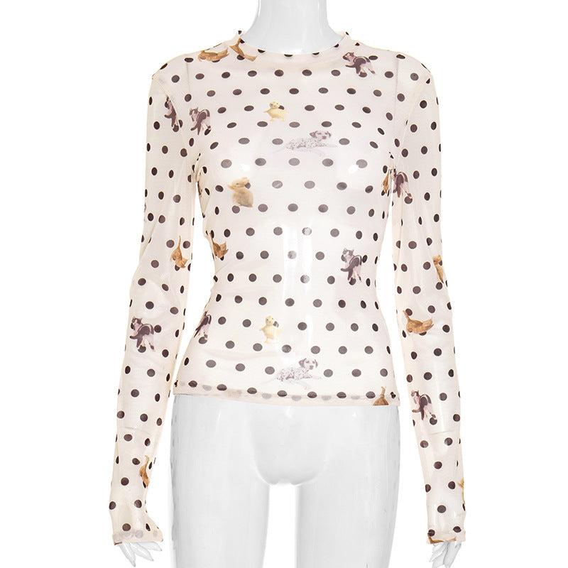 Autumn Whimsy: Adorable Critter & Polka Dot Mesh Long Sleeve Top