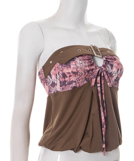 Chic Fall Tube Top: Abstract Print & Buckle Tie-Front Strapless for Y2K Style