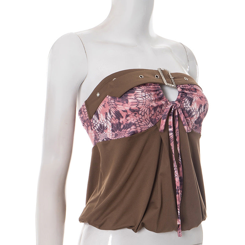 Chic Fall Tube Top: Abstract Print & Buckle Tie-Front Strapless for Y2K Style