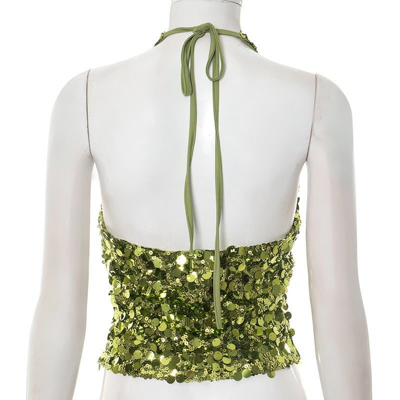 Radiant Gold-Green Sequin Halter Top - Your Go-To for Holiday Parties & NYE