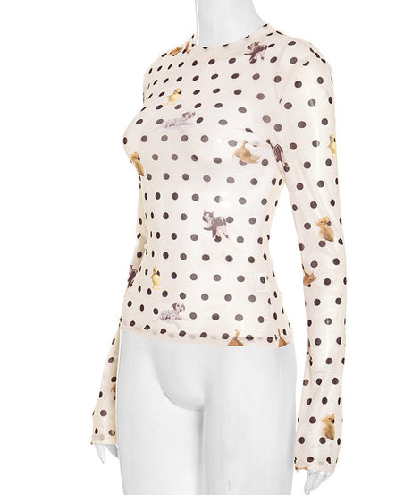 Autumn Whimsy: Adorable Critter & Polka Dot Mesh Long Sleeve Top