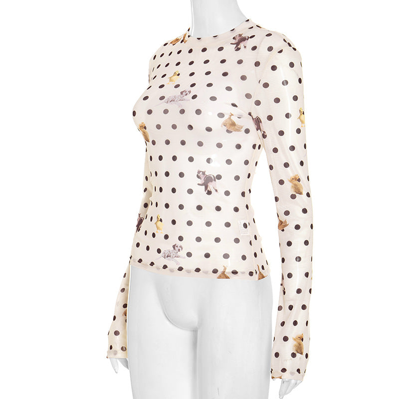 Autumn Whimsy: Adorable Critter & Polka Dot Mesh Long Sleeve Top