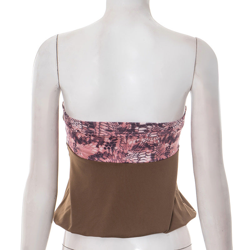 Chic Fall Tube Top: Abstract Print & Buckle Tie-Front Strapless for Y2K Style