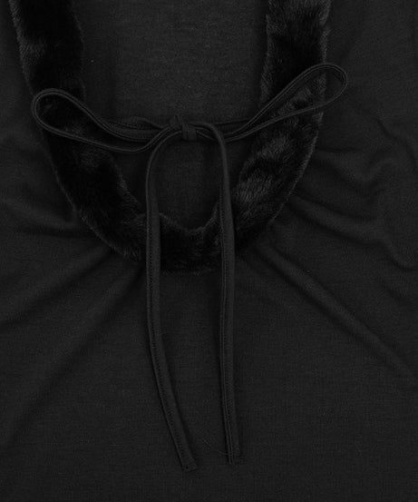 Glam Black Faux Fur Trim Long Sleeve Top - Chic Tie-Front Fall & Holiday Style