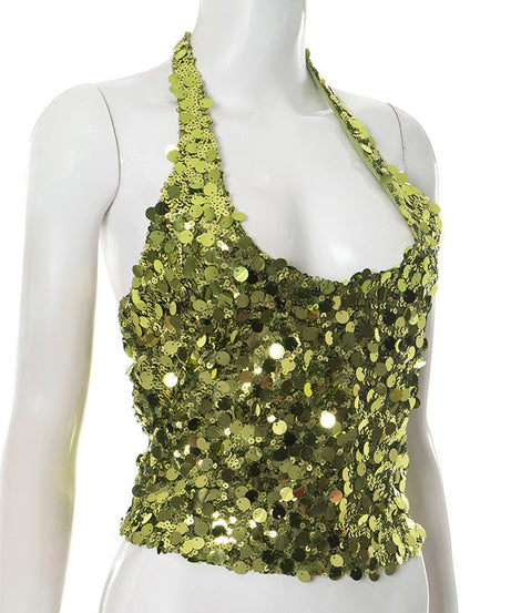 Radiant Gold-Green Sequin Halter Top - Your Go-To for Holiday Parties & NYE