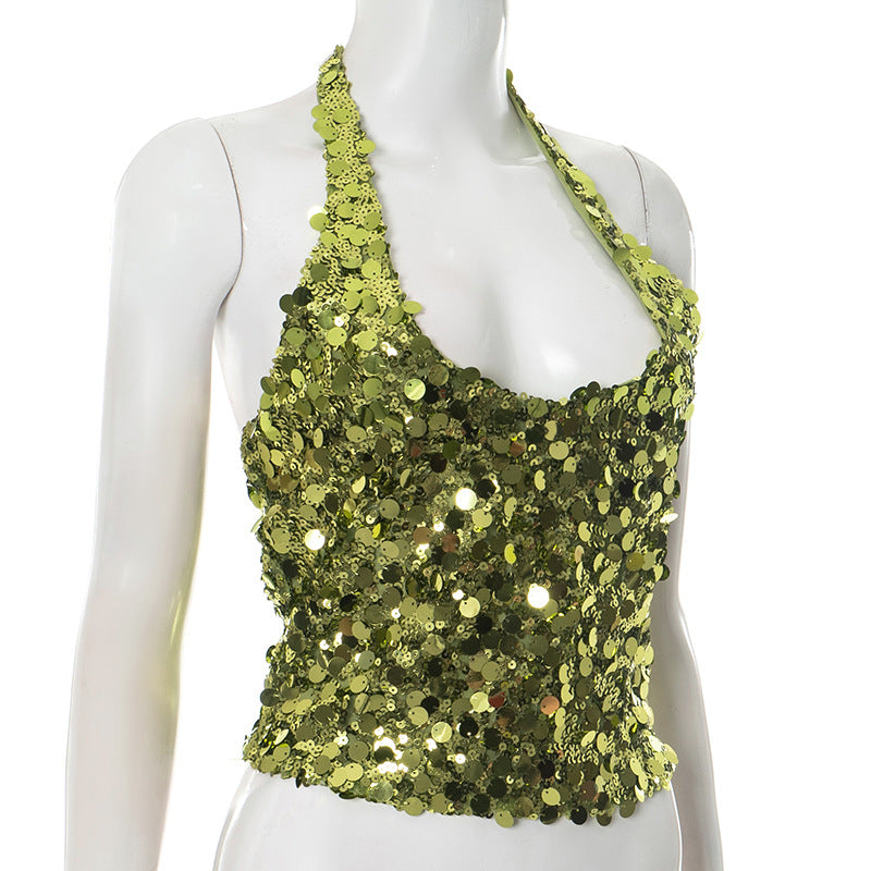 Radiant Gold-Green Sequin Halter Top - Your Go-To for Holiday Parties & NYE