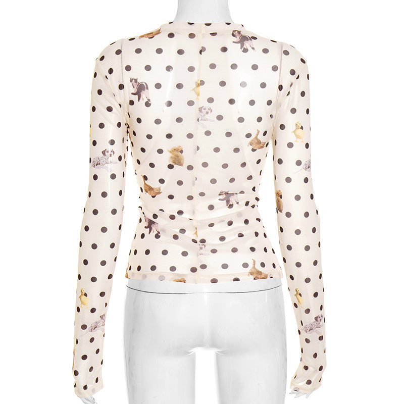 Autumn Whimsy: Adorable Critter & Polka Dot Mesh Long Sleeve Top