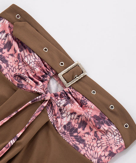 Chic Fall Tube Top: Abstract Print & Buckle Tie-Front Strapless for Y2K Style