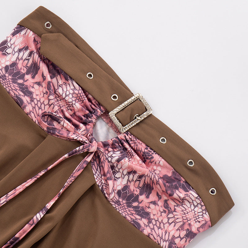 Chic Fall Tube Top: Abstract Print & Buckle Tie-Front Strapless for Y2K Style