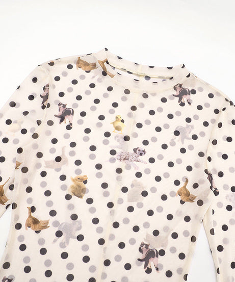 Autumn Whimsy: Adorable Critter & Polka Dot Mesh Long Sleeve Top