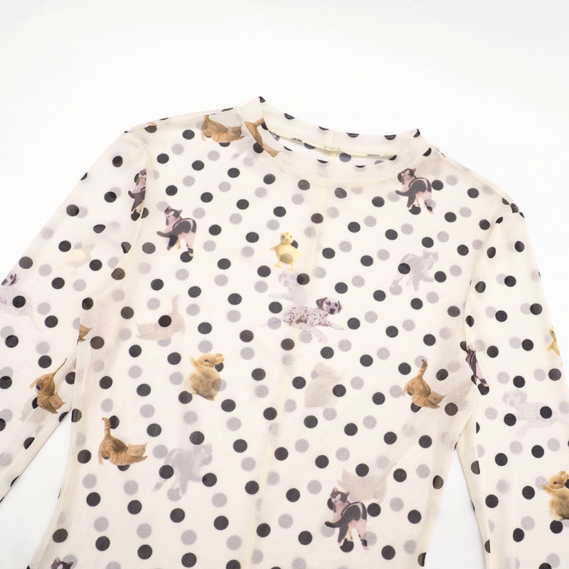 Autumn Whimsy: Adorable Critter & Polka Dot Mesh Long Sleeve Top