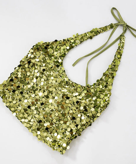 Radiant Gold-Green Sequin Halter Top - Your Go-To for Holiday Parties & NYE
