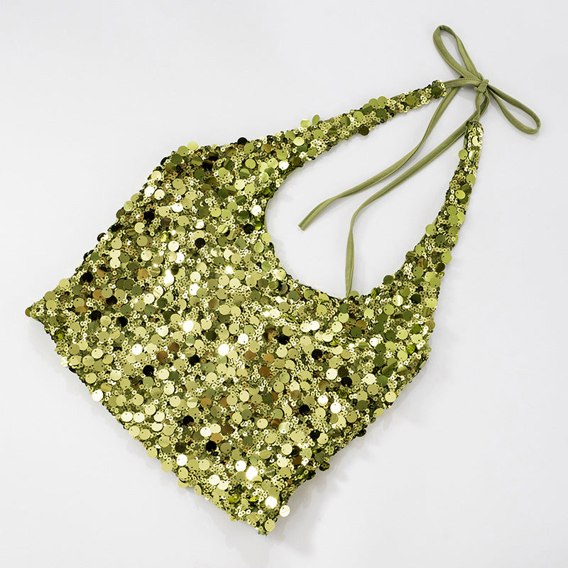 Radiant Gold-Green Sequin Halter Top - Your Go-To for Holiday Parties & NYE