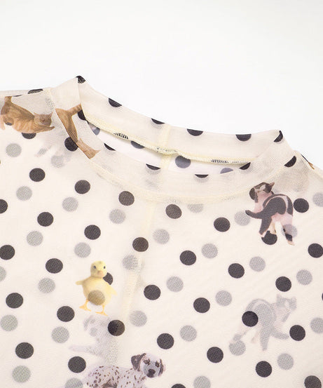 Autumn Whimsy: Adorable Critter & Polka Dot Mesh Long Sleeve Top