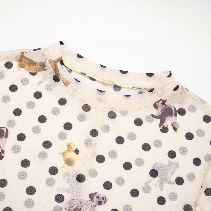 Autumn Whimsy: Adorable Critter & Polka Dot Mesh Long Sleeve Top