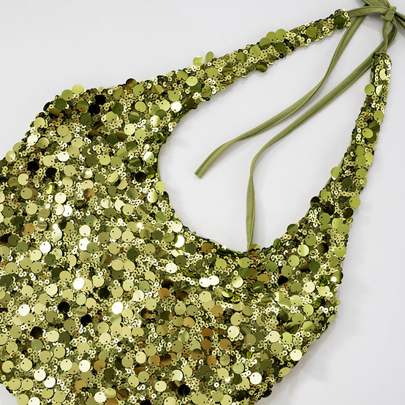 Radiant Gold-Green Sequin Halter Top - Your Go-To for Holiday Parties & NYE