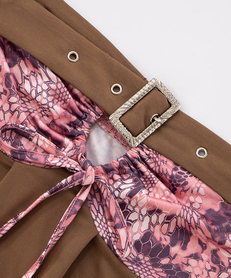 Chic Fall Tube Top: Abstract Print & Buckle Tie-Front Strapless for Y2K Style