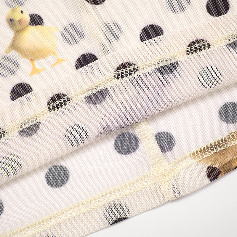 Autumn Whimsy: Adorable Critter & Polka Dot Mesh Long Sleeve Top