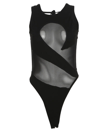 Sultry Mesh Patchwork Bodysuit - Edgy Fall Nights & Halloween Party Top