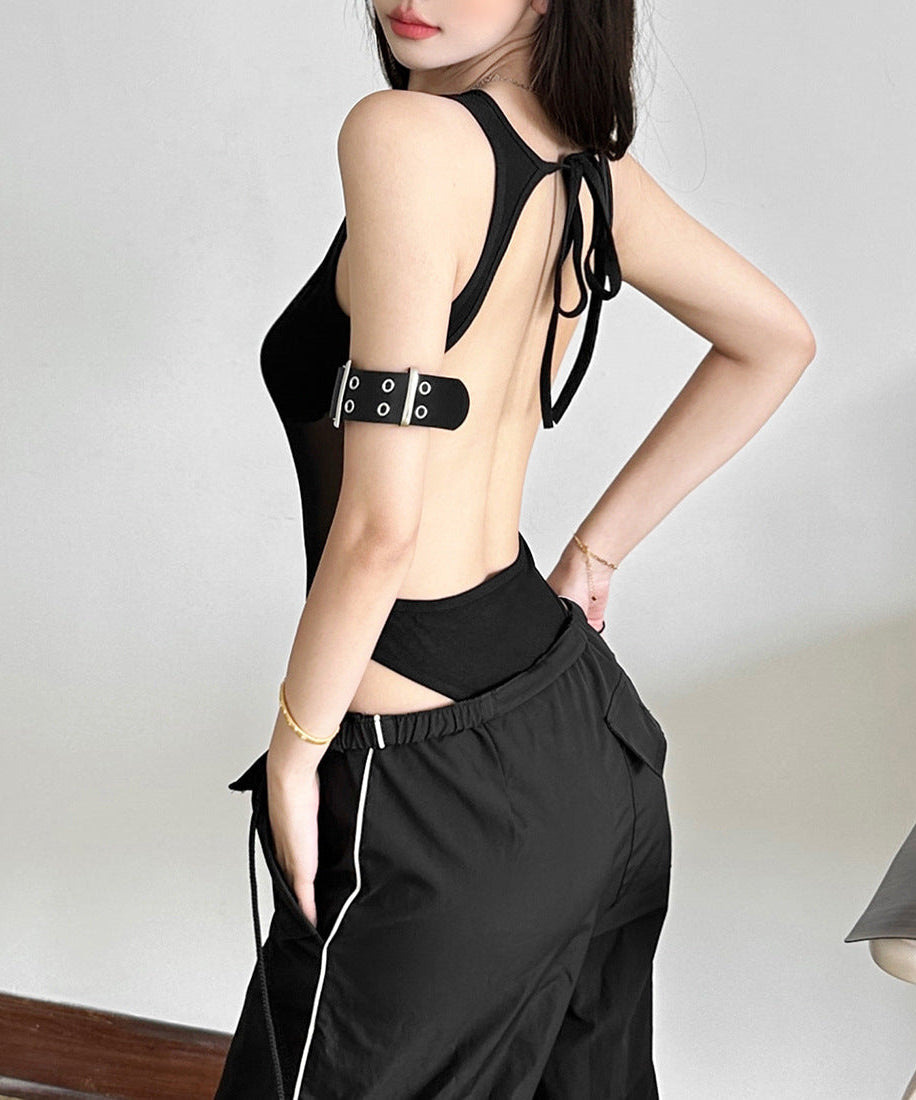 Sultry Mesh Patchwork Bodysuit - Edgy Fall Nights & Halloween Party Top