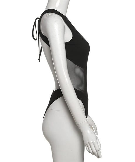 Sultry Mesh Patchwork Bodysuit - Edgy Fall Nights & Halloween Party Top