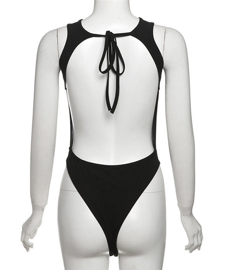 Sultry Mesh Patchwork Bodysuit - Edgy Fall Nights & Halloween Party Top