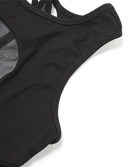 Sultry Mesh Patchwork Bodysuit - Edgy Fall Nights & Halloween Party Top