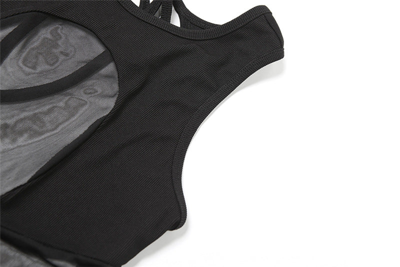 Sultry Mesh Patchwork Bodysuit - Edgy Fall Nights & Halloween Party Top