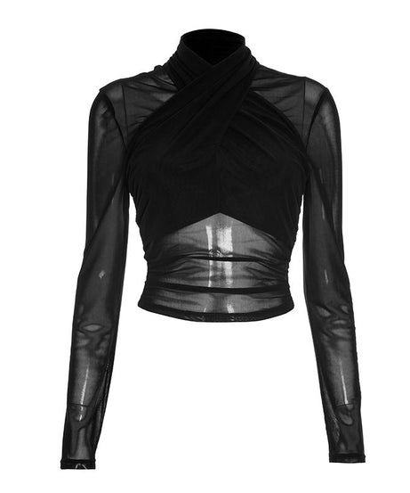 Siren Black Mesh Criss-Cross High Neck Crop Top - Edgy Fall & Halloween Party Style