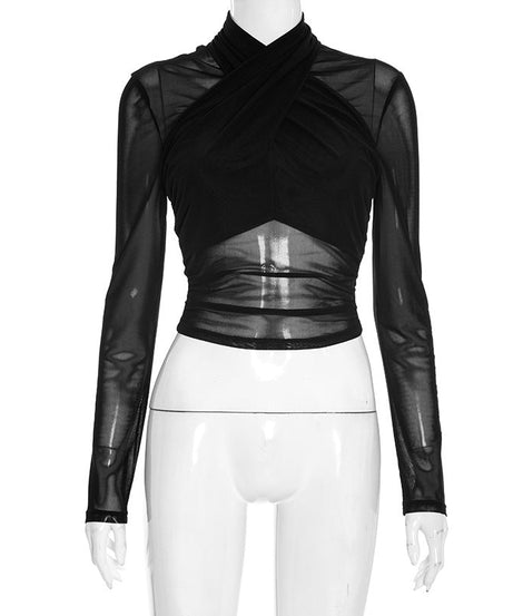 Siren Black Mesh Criss-Cross High Neck Crop Top - Edgy Fall & Halloween Party Style