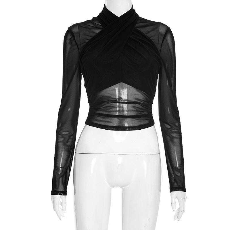 Siren Black Mesh Criss-Cross High Neck Crop Top - Edgy Fall & Halloween Party Style