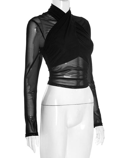 Siren Black Mesh Criss-Cross High Neck Crop Top - Edgy Fall & Halloween Party Style