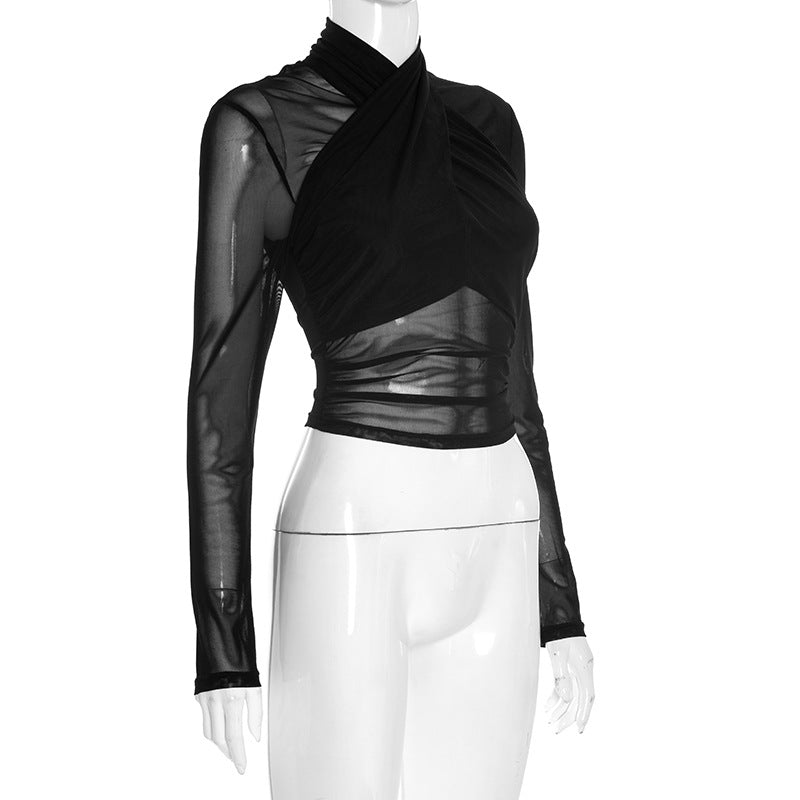 Siren Black Mesh Criss-Cross High Neck Crop Top - Edgy Fall & Halloween Party Style